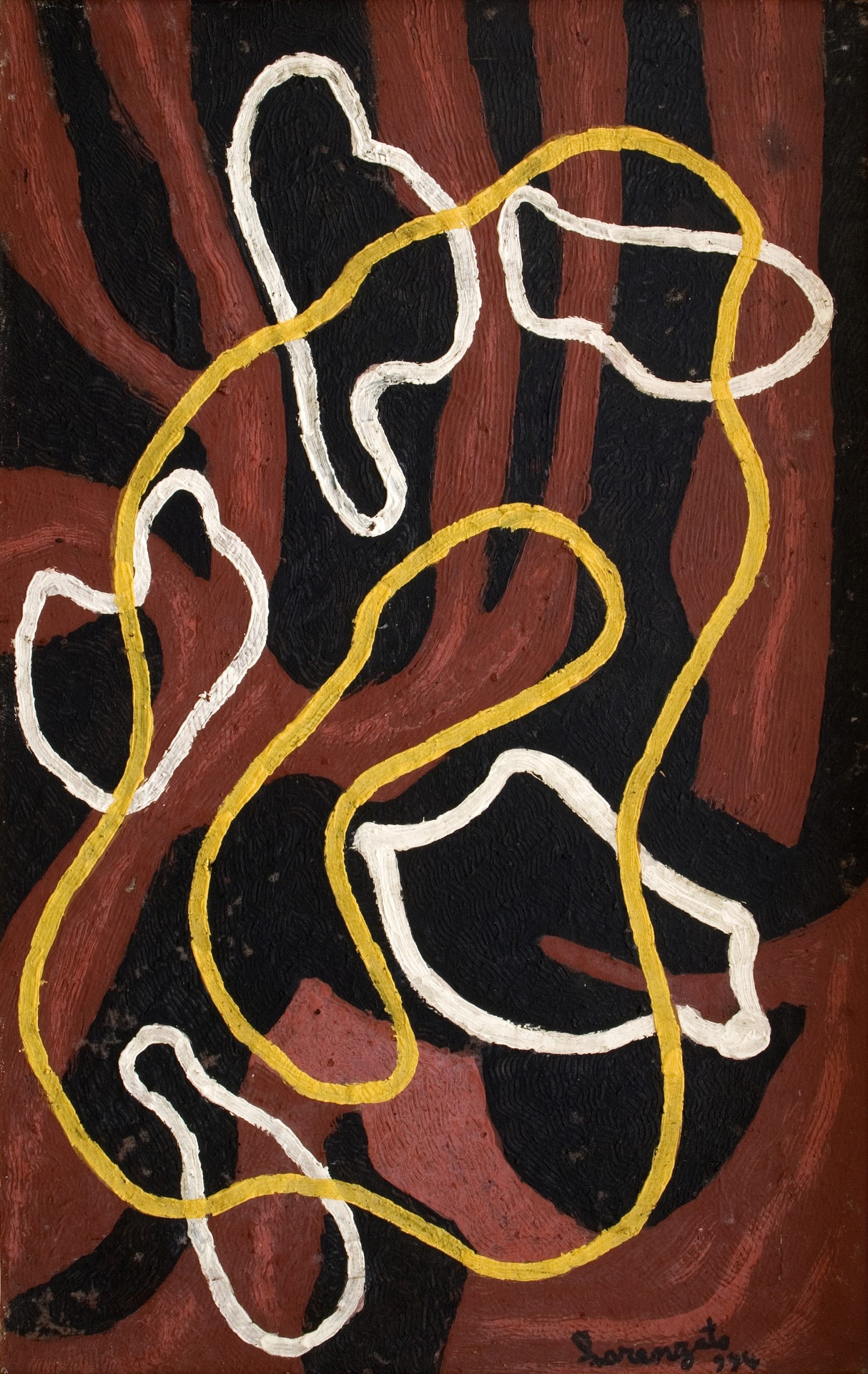 Pintura abstrata de Lorenzato: linhas amarelas e brancas sobre fundo vermelho e preto