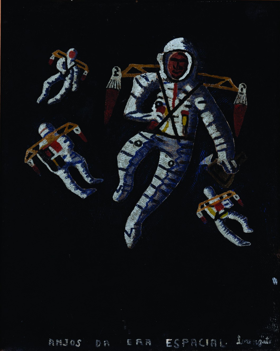 Pintura de Lorenzato: astronautas sobre fundo preto