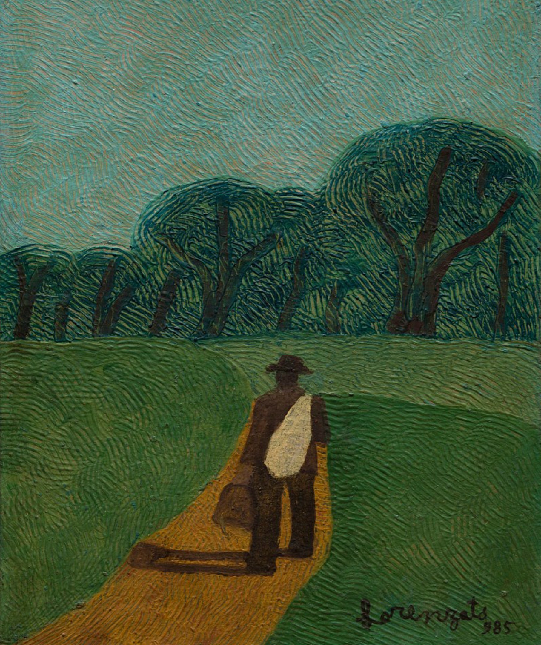 Pintura de Lorenzato: figura caminhando por estrada de terra entre campos verdes