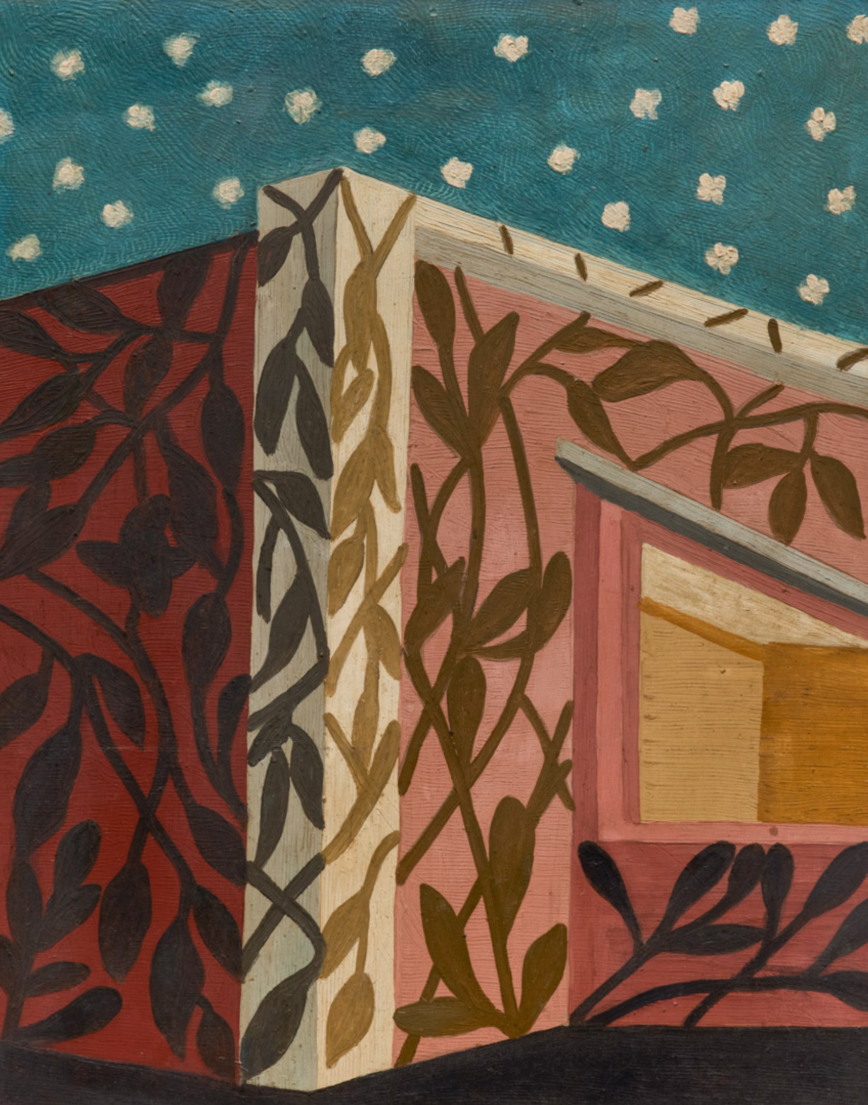 Pintura de Lorenzato: casa com folhagens sob céu estrelado
