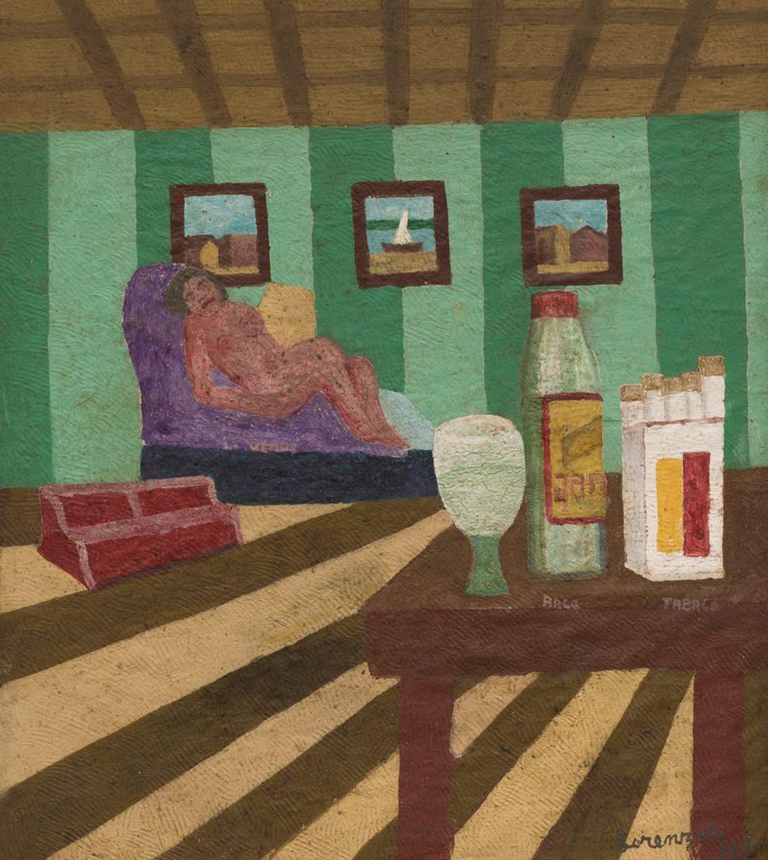 Pintura de Lorenzato: interior com figura reclinada, garrafa e mesa