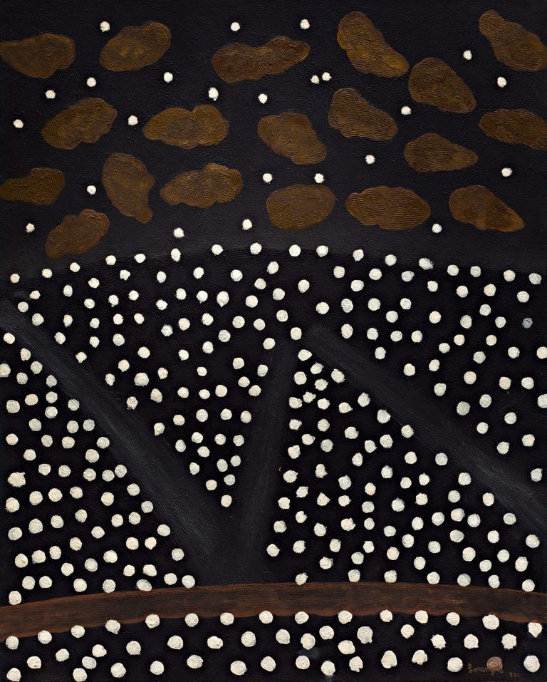 Pintura de Lorenzato: noite com pontos brancos e nuvens ocres