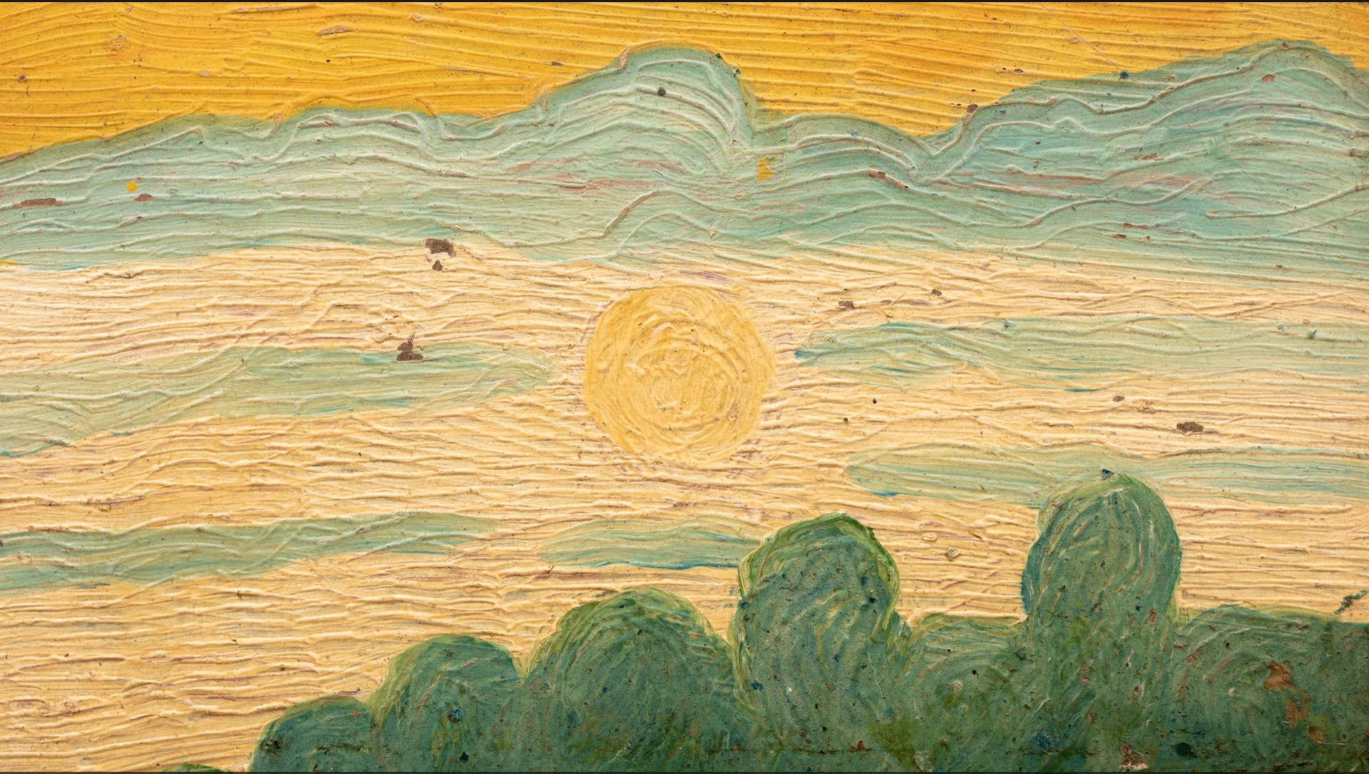 Pintura de Lorenzato: sol entre nuvens sobre copas de árvores